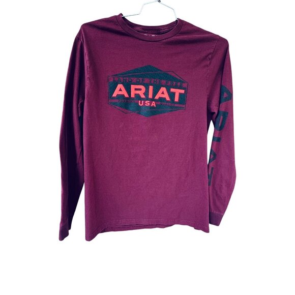 Ariat Mens Burgundy Long Sleeve  T-Shirt - Medium USA Logo Cotton - Picture 1 of 7